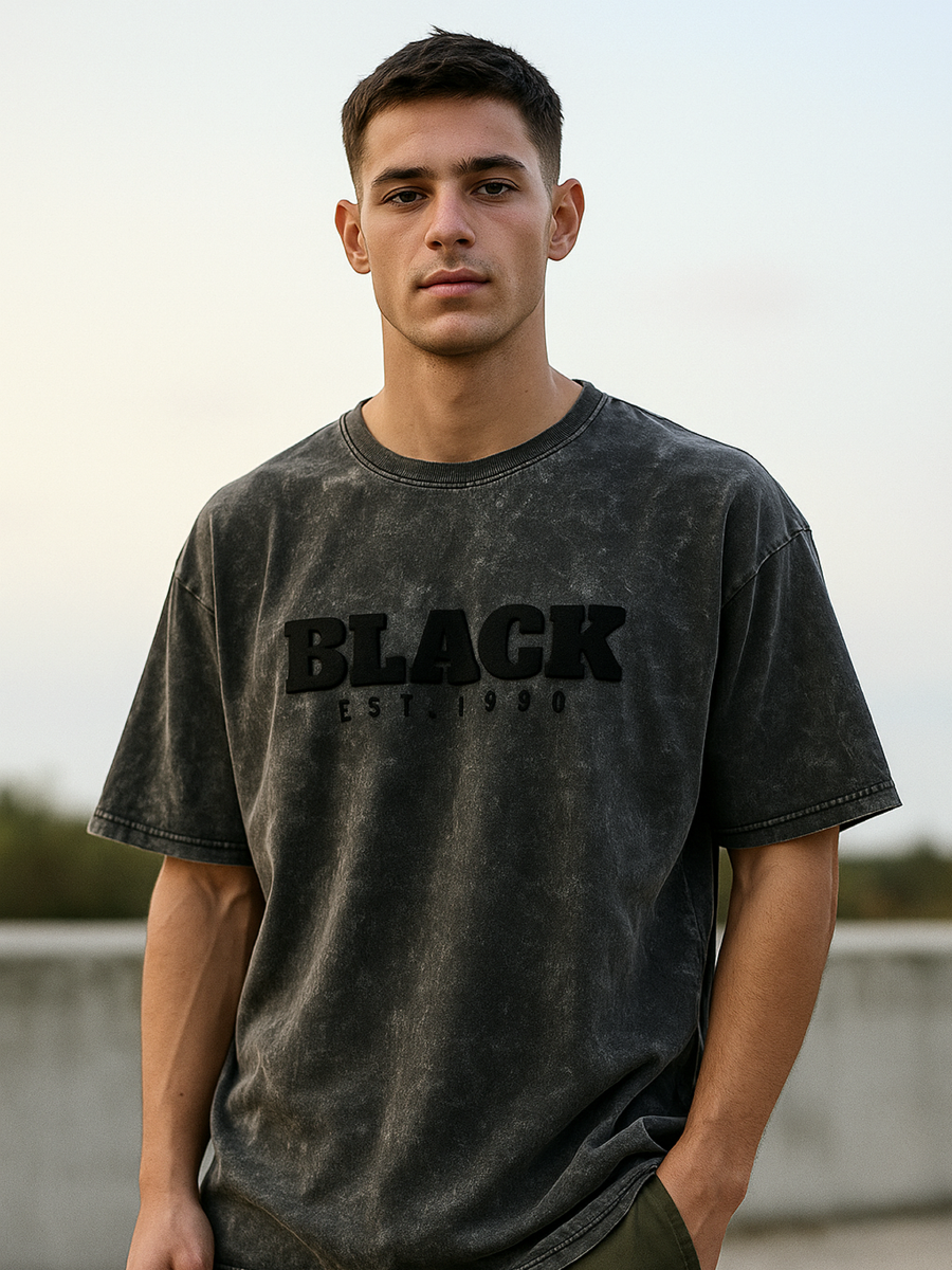 Unisex Acid Washed Oversized T-Shirt | Heavyweight Cotton Streetwear Tee | Puff Print “BLACK EST 1990” Graphic