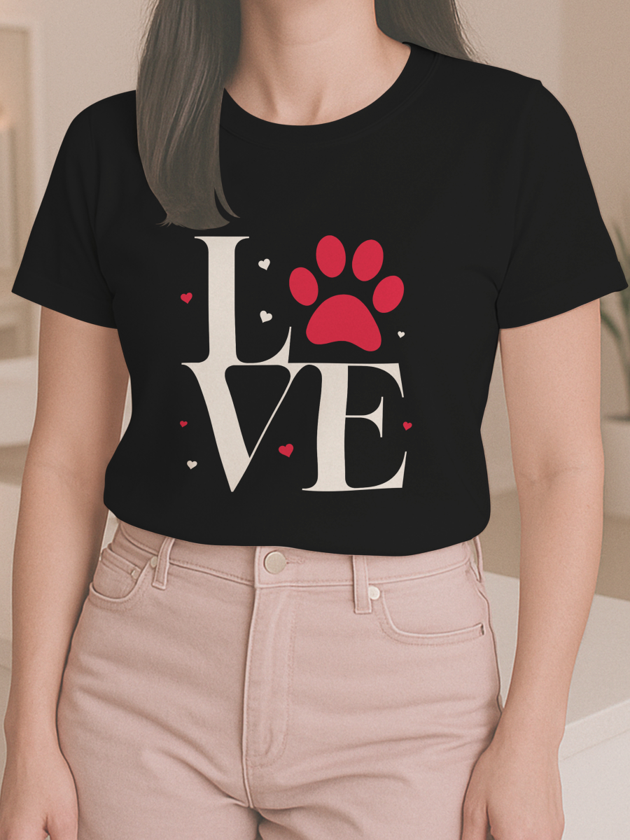 LOVE Paw Print T-Shirt for Pet Lovers – Unisex Classic Cotton Tee for Dog & Cat Parents - Dark Mode
